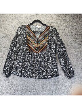 Savanna Jane Top Womens Medium Black Boho Embroidered V-Neck Polka Dot Blouse